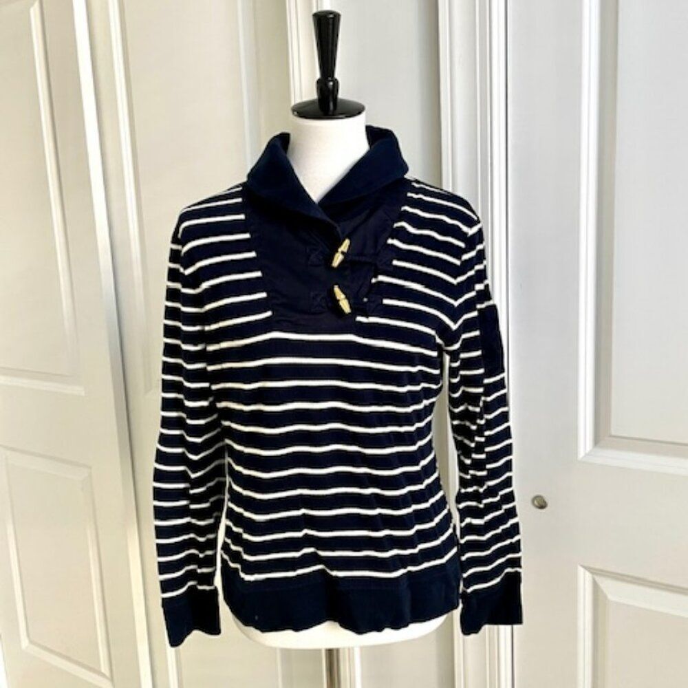 Lauren Ralph Lauren Blue White Shaw Collar Gold Toggle Pullover Sweater Large